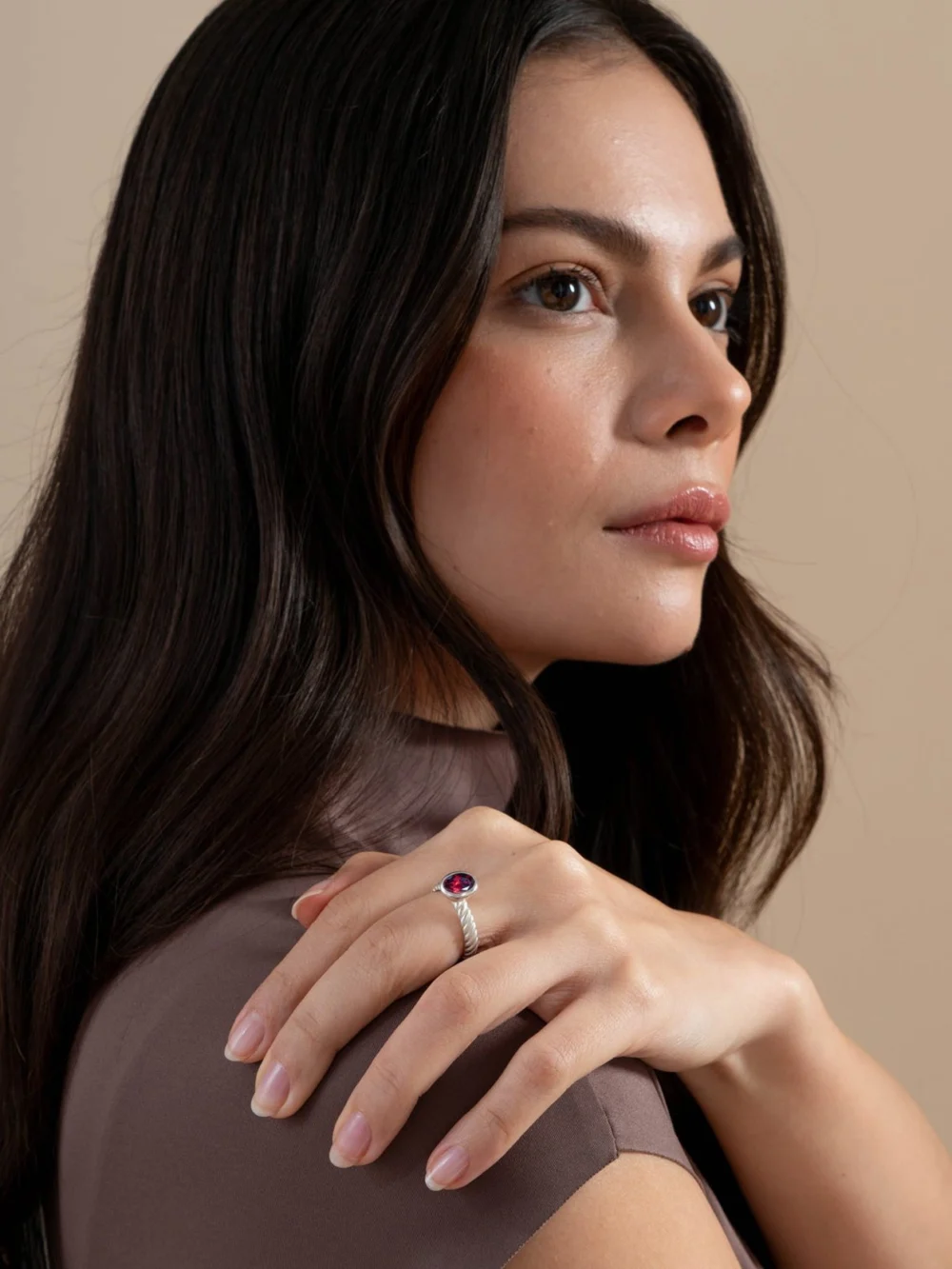 Dower & Hall Oval Garnet Twist Twinkle Ring, view 2