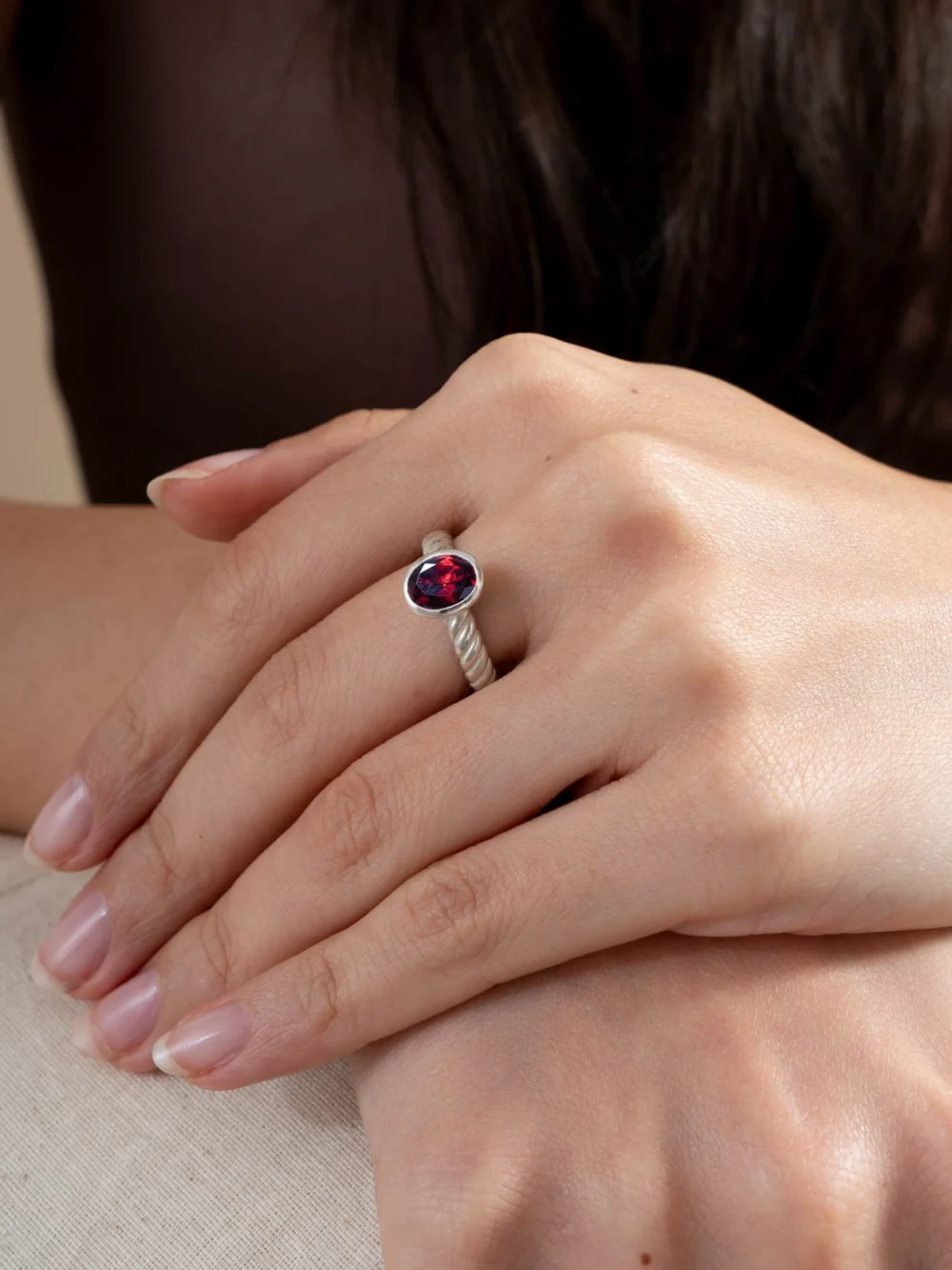 Dower & Hall Oval Garnet Twist Twinkle Ring, view 3