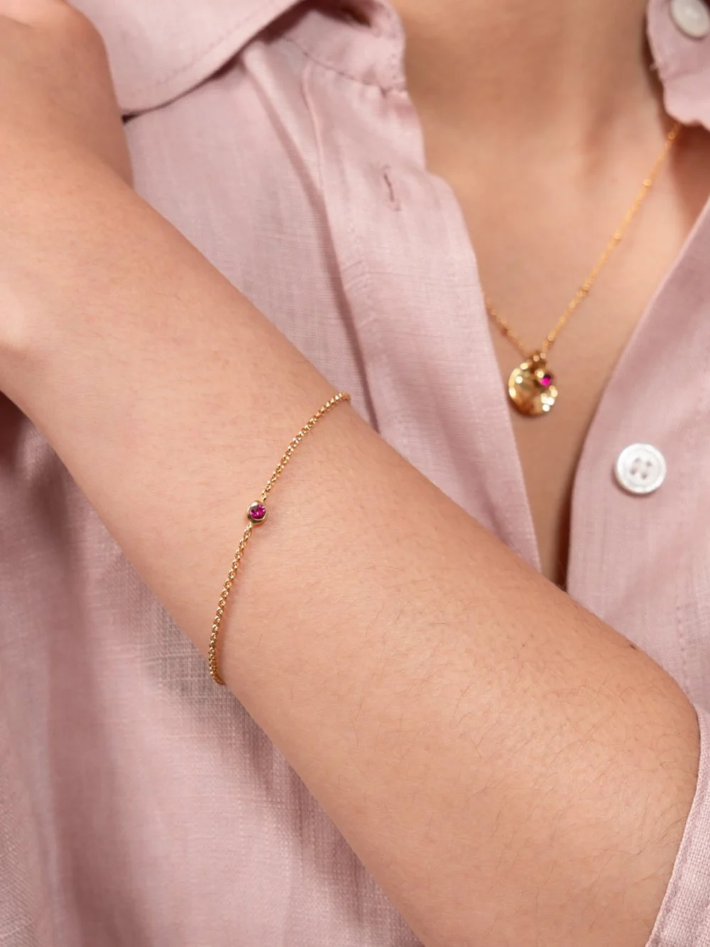 Dower & Hall Single Ruby Dewdrop Chain Bracelet, view 3
