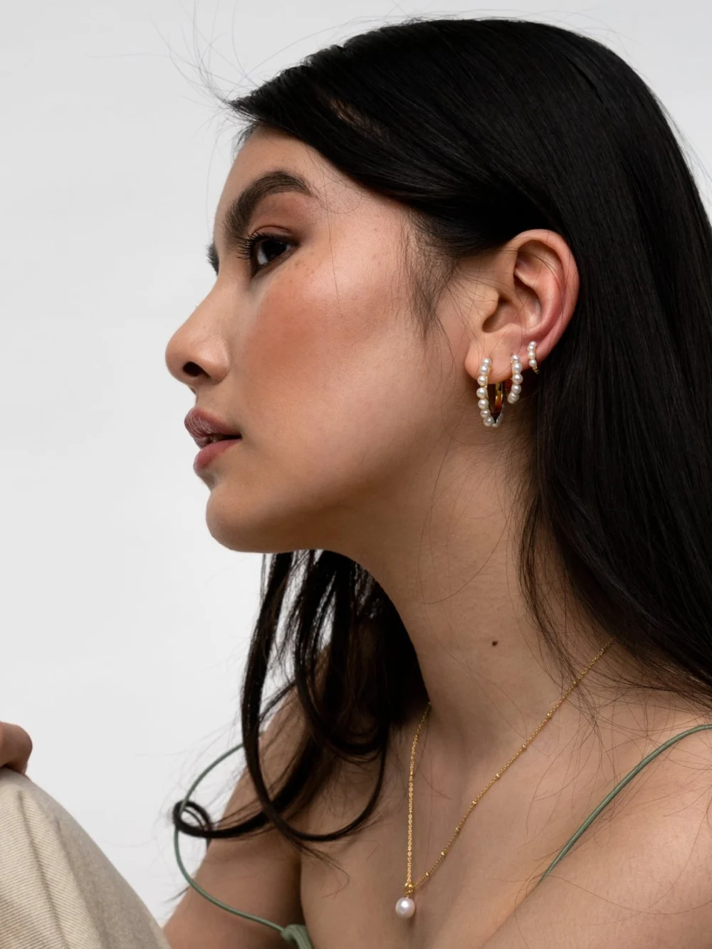 Dower & Hall Small Luna Pearl Huggie Hoops, view 3