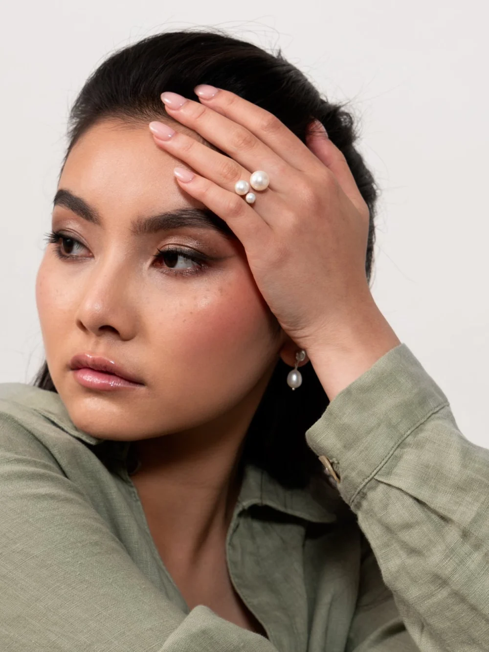 Dower & Hall Statement Triple Luna Pearl Ring, view 3
