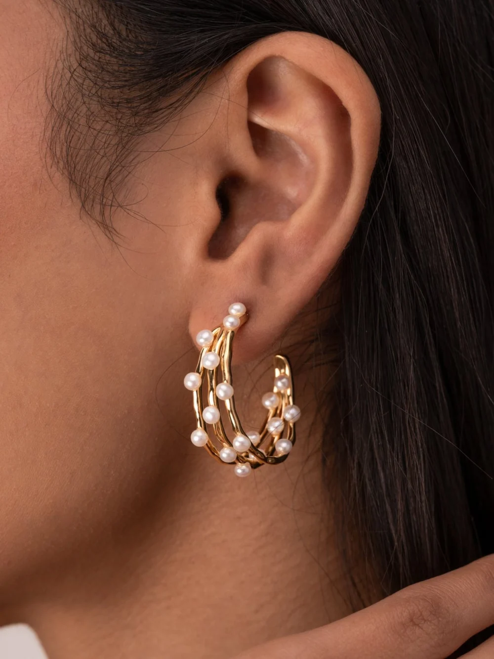 Dower & Hall Statement Triple Row Waterfall Pearl Hoops, view 3