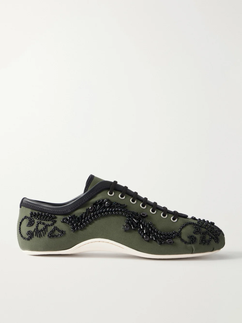 Dries Van Noten Bead-embellished Leather-trimmed Twill Sneakers in dark green