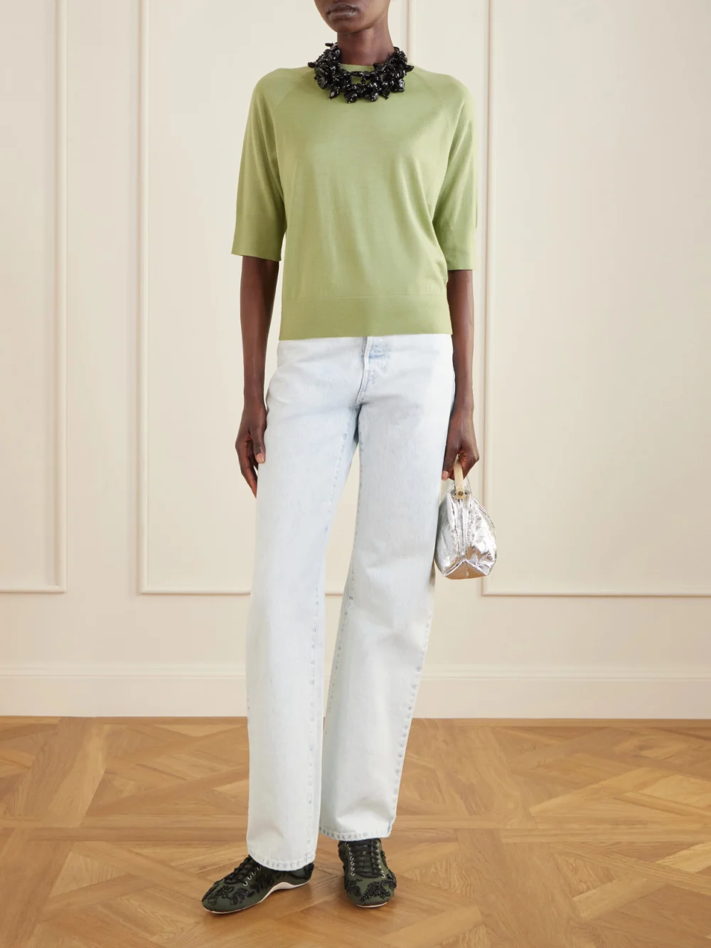Dries Van Noten Bead-embellished Leather-trimmed Twill Sneakers, styled view