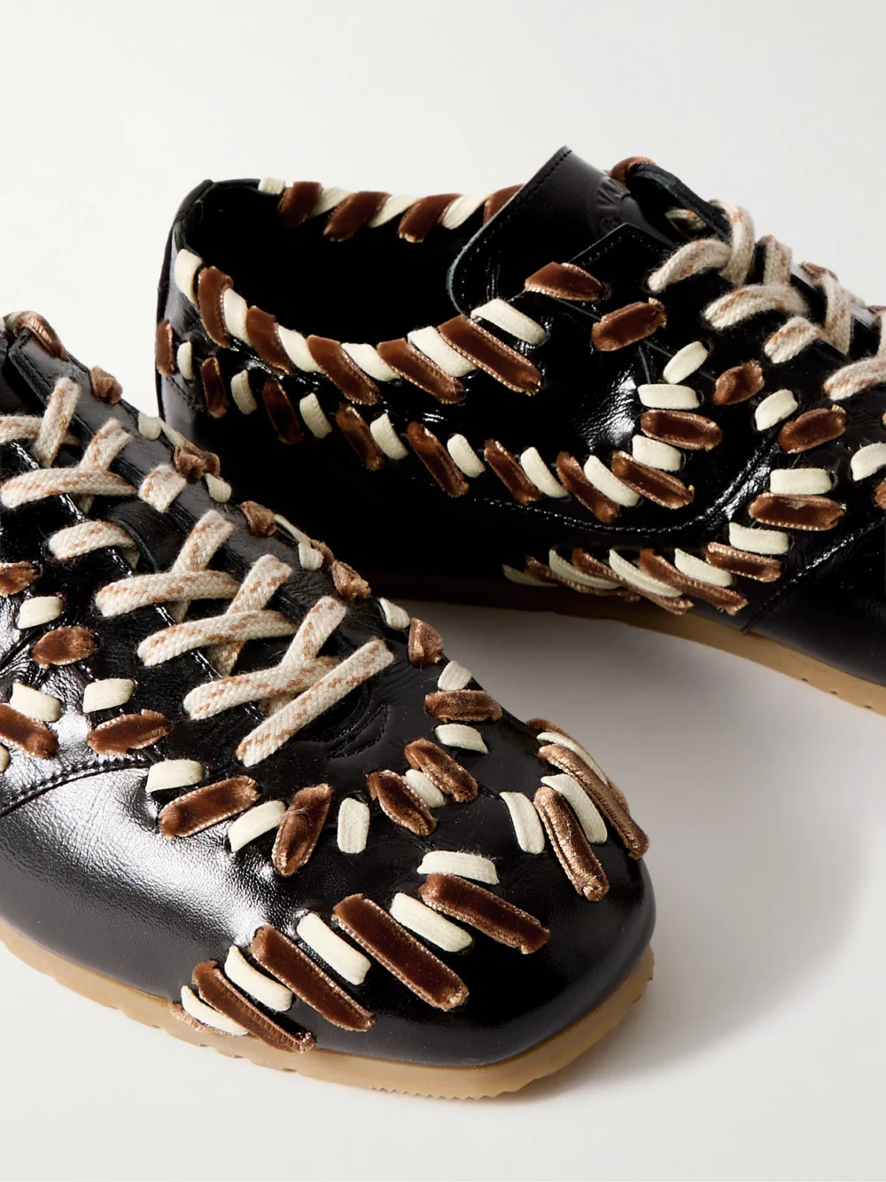 Close-up detail of the Dries Van Noten Cord and Velvet-trimmed Glossed-leather Sneakers