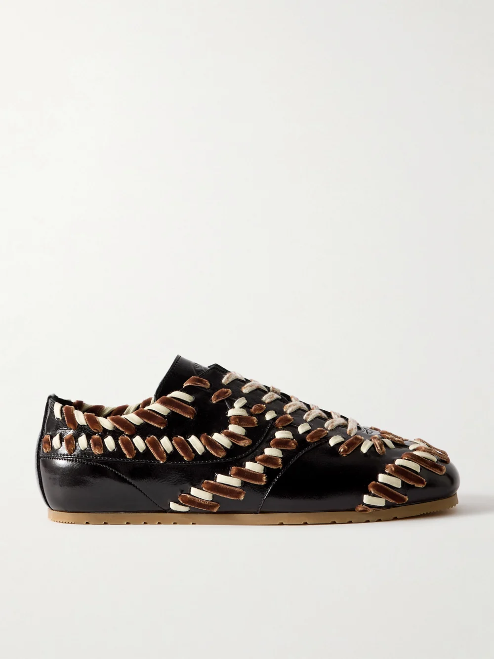 Dries Van Noten Cord and Velvet-trimmed Glossed-leather Sneakers in dark brown