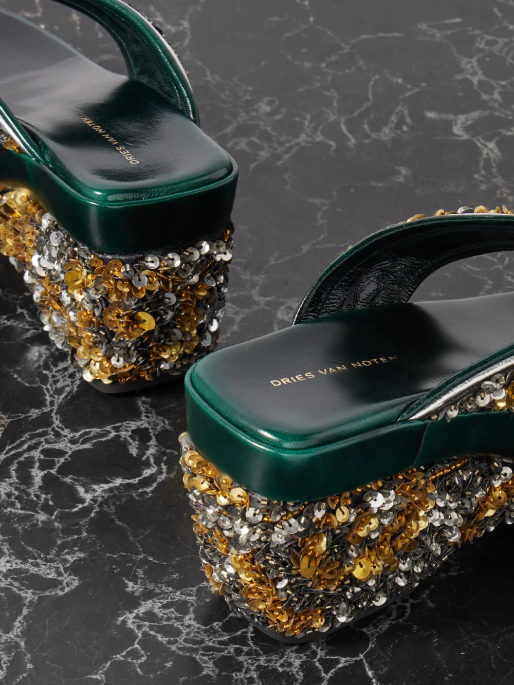 Close-up detail of the Dries Van Noten Embellished Satin-crepe Platform Sandals