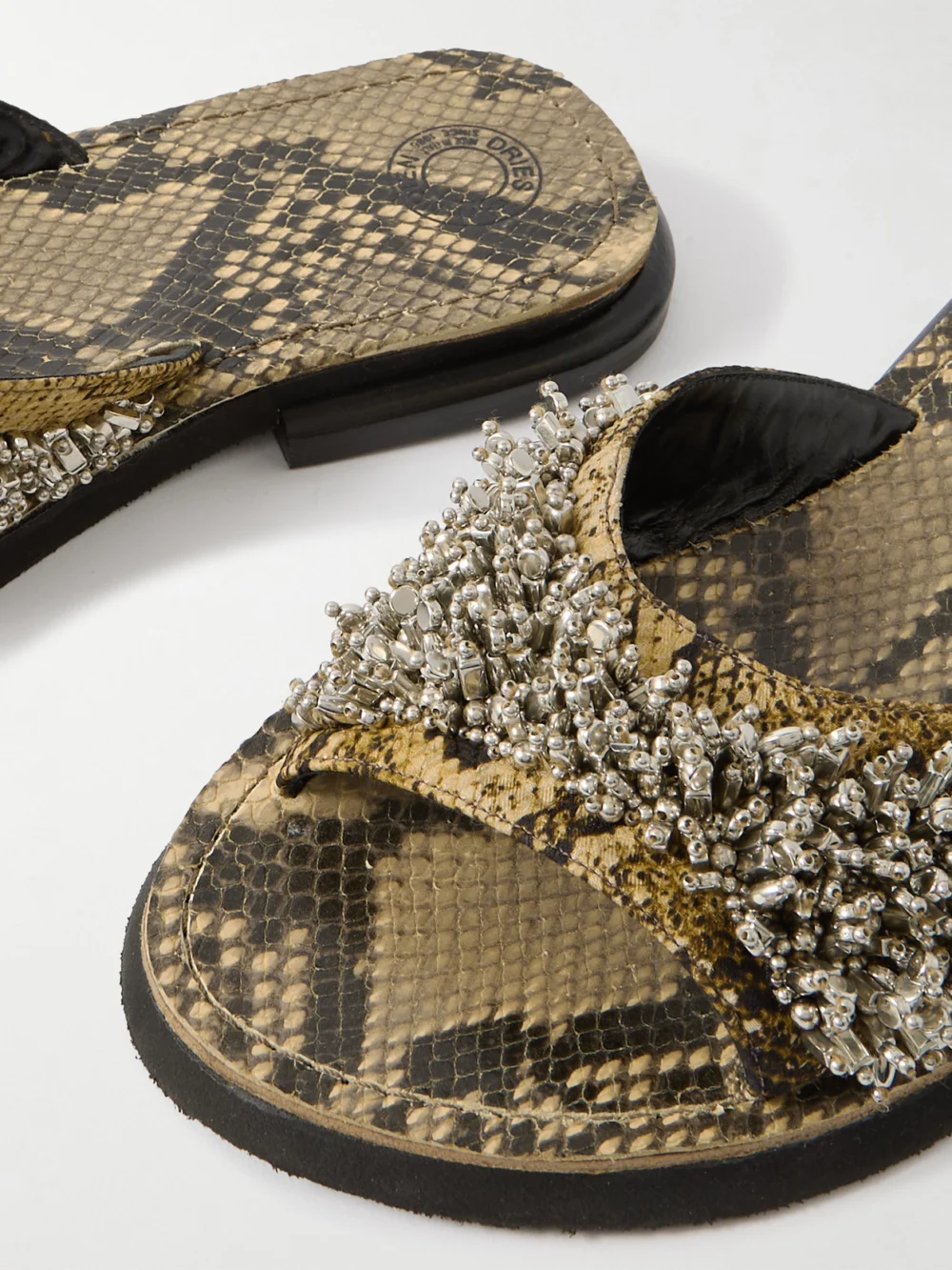 Close-up detail of the Dries Van Noten Embellished Snake-effect Leather Slides