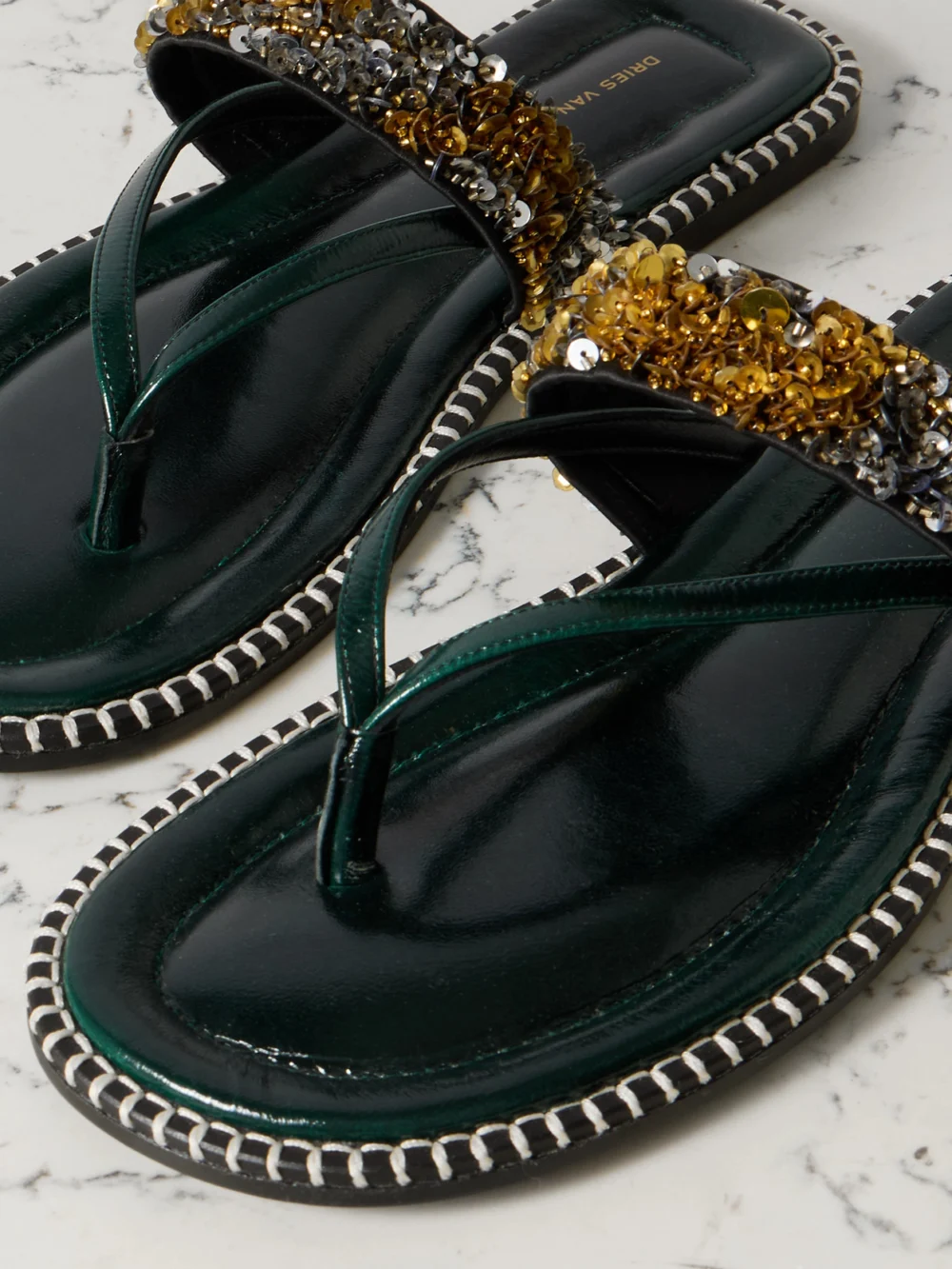 Close-up detail of the Dries Van Noten Embellished Whipstitched Leather Sandals