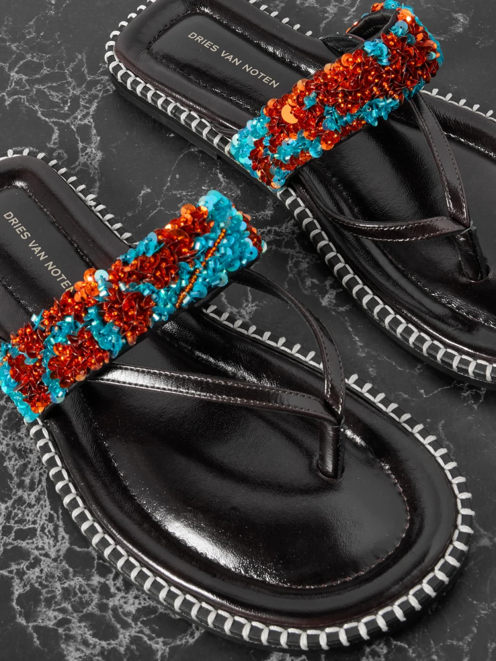 Close-up detail of the Dries Van Noten Embellished Whipstitched Leather Sandals
