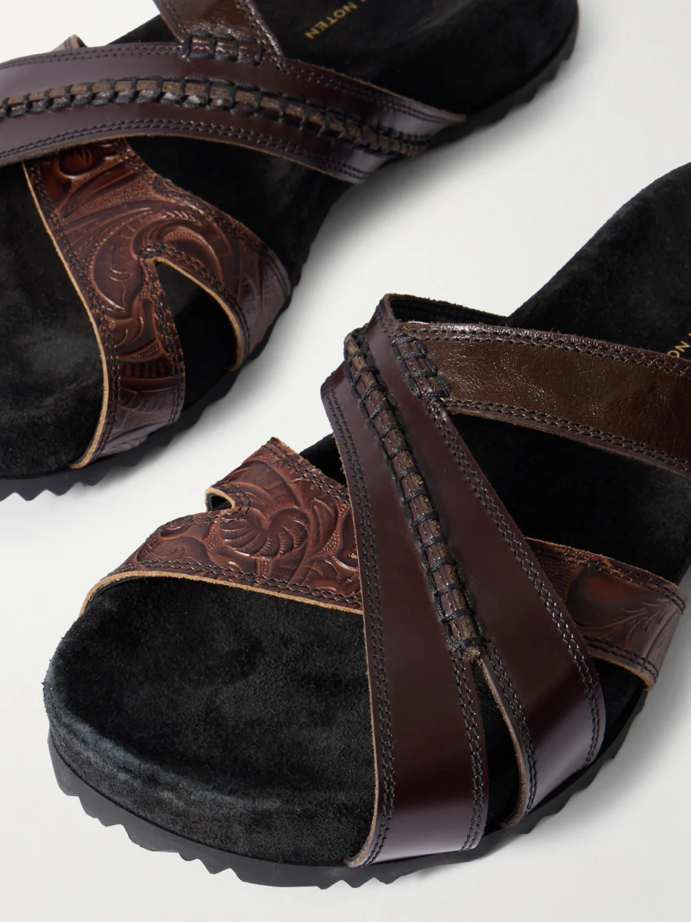 Close-up detail of the Dries Van Noten Embossed Leather Sandals