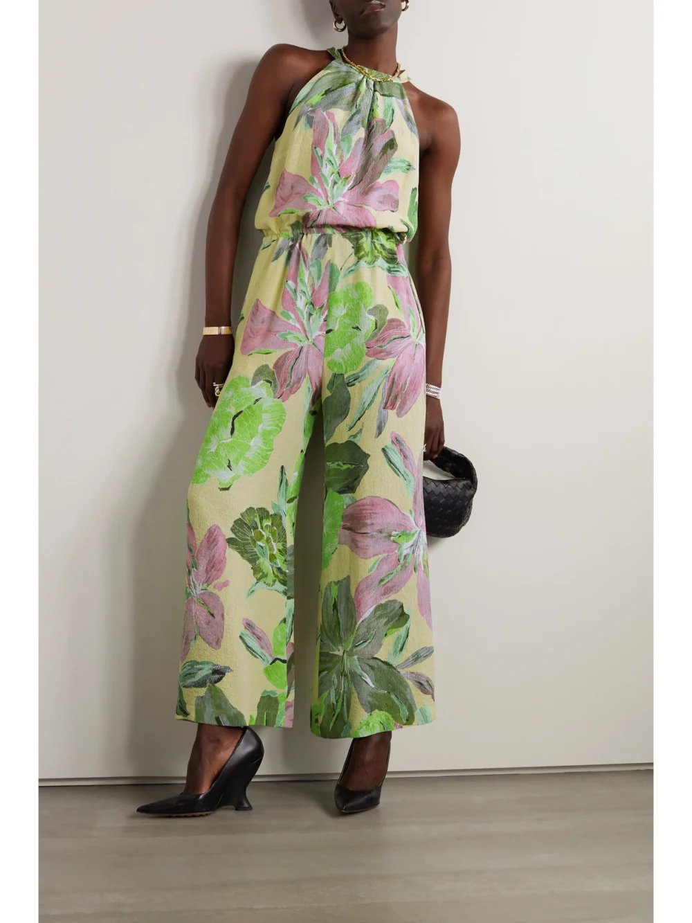 Dries Van Noten Floral-print Cloqué Halterneck Jumpsuit, worn by a model