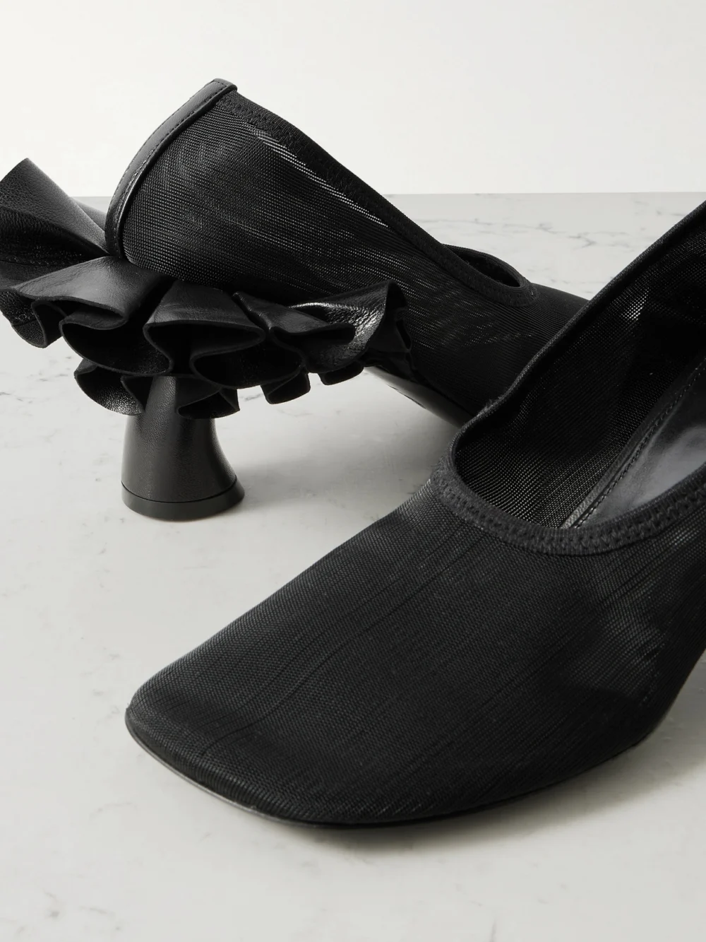 Close-up detail of the Dries Van Noten Leather-trimmed Mesh Pumps