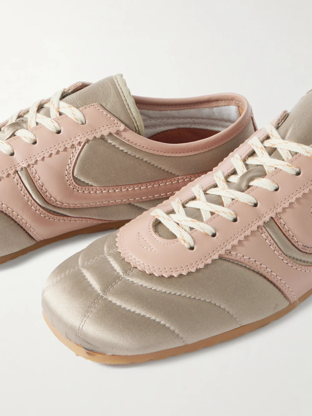 Close-up detail of the Dries Van Noten Leather-trimmed Paneled Satin Sneakers