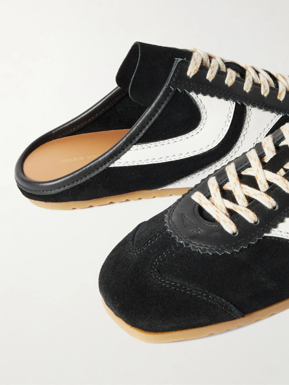 Close-up detail of the Dries Van Noten Leather-trimmed Suede Slip-on Sneakers
