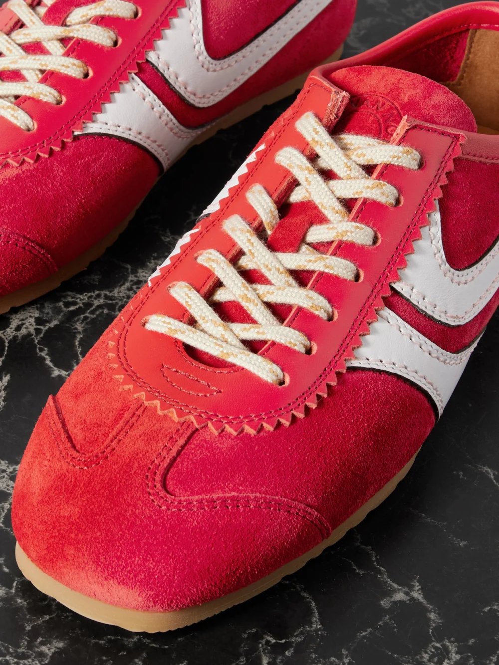 Close-up detail of the Dries Van Noten Leather-trimmed Suede Sneakers
