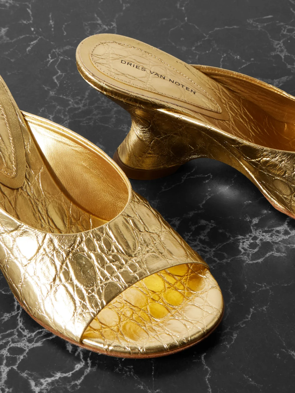 Close-up detail of the Dries Van Noten Metallic Croc-effect Leather Mules
