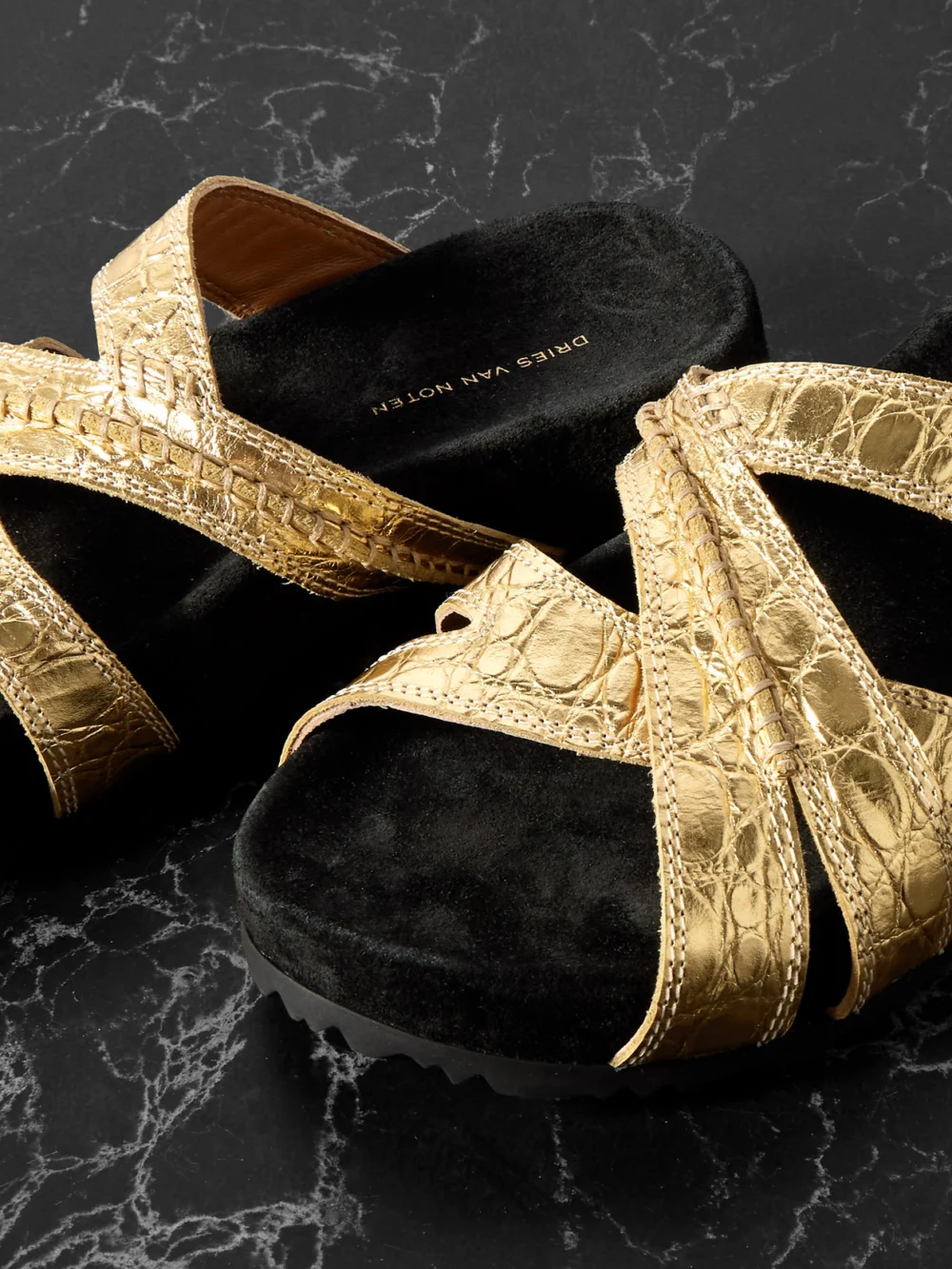Close-up detail of the Dries Van Noten Metallic Croc-effect Leather Sandals