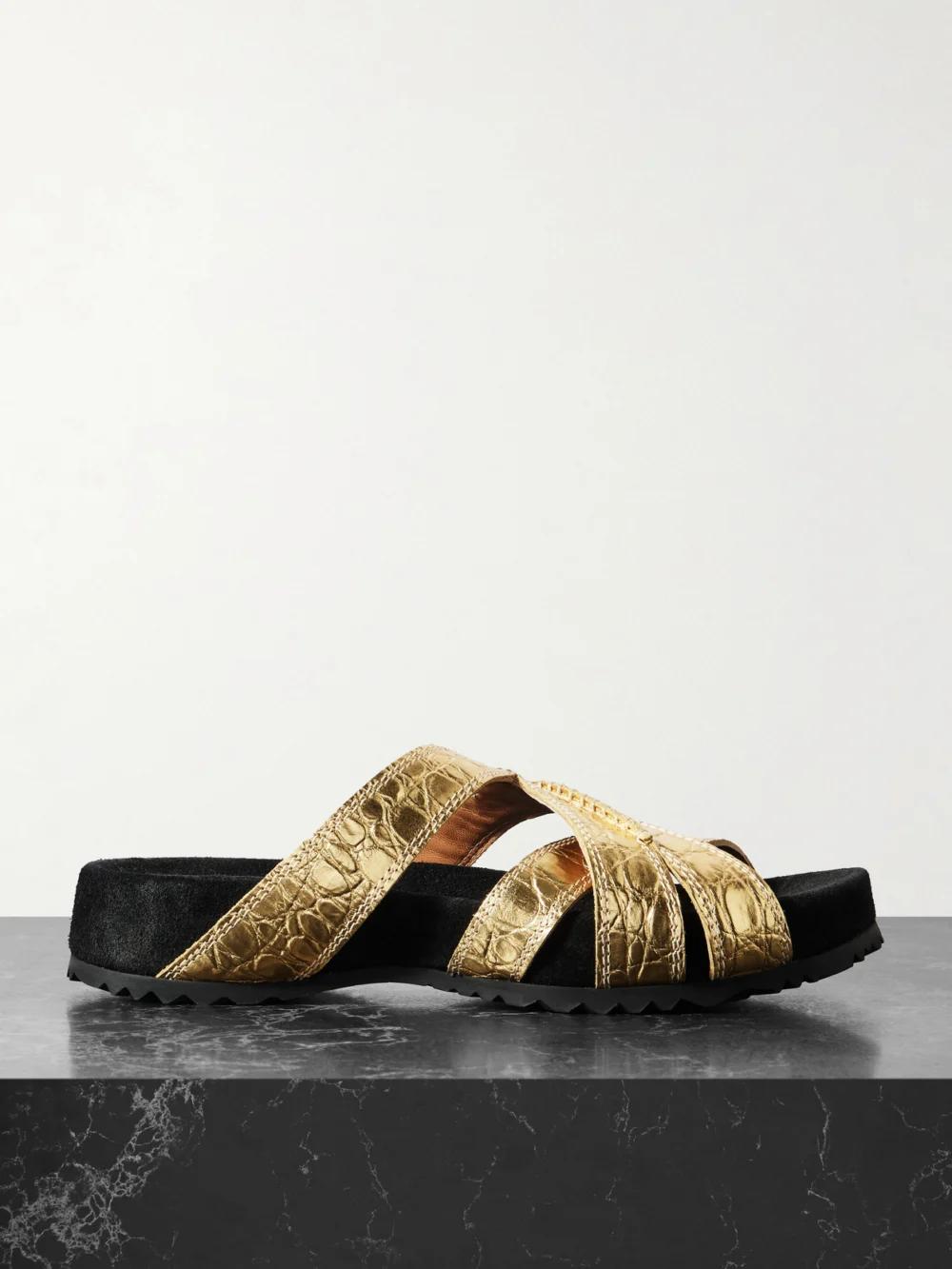 Dries Van Noten Metallic Croc-effect Leather Sandals in gold