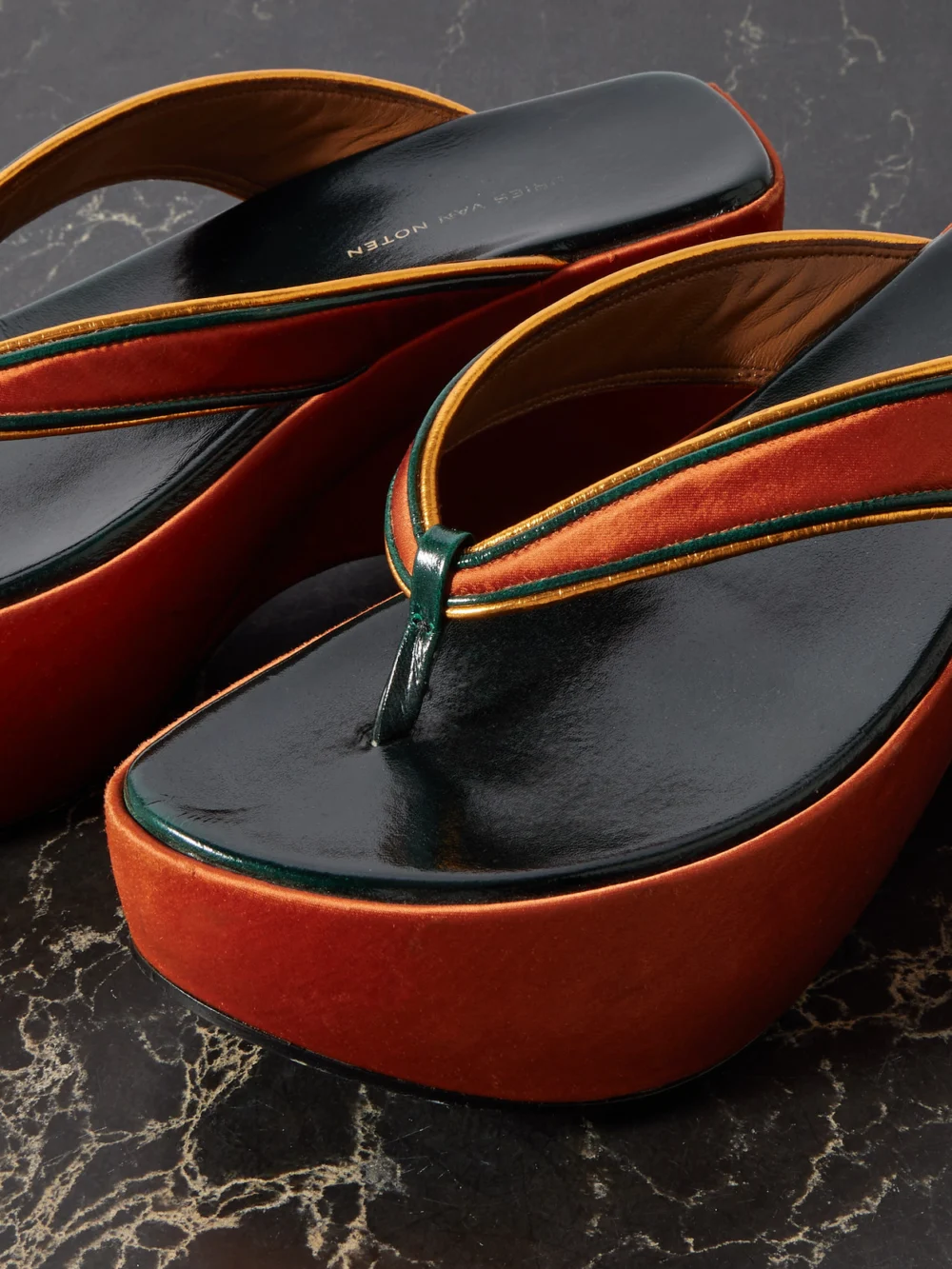 Close-up detail of the Dries Van Noten Satin Platform Sandals