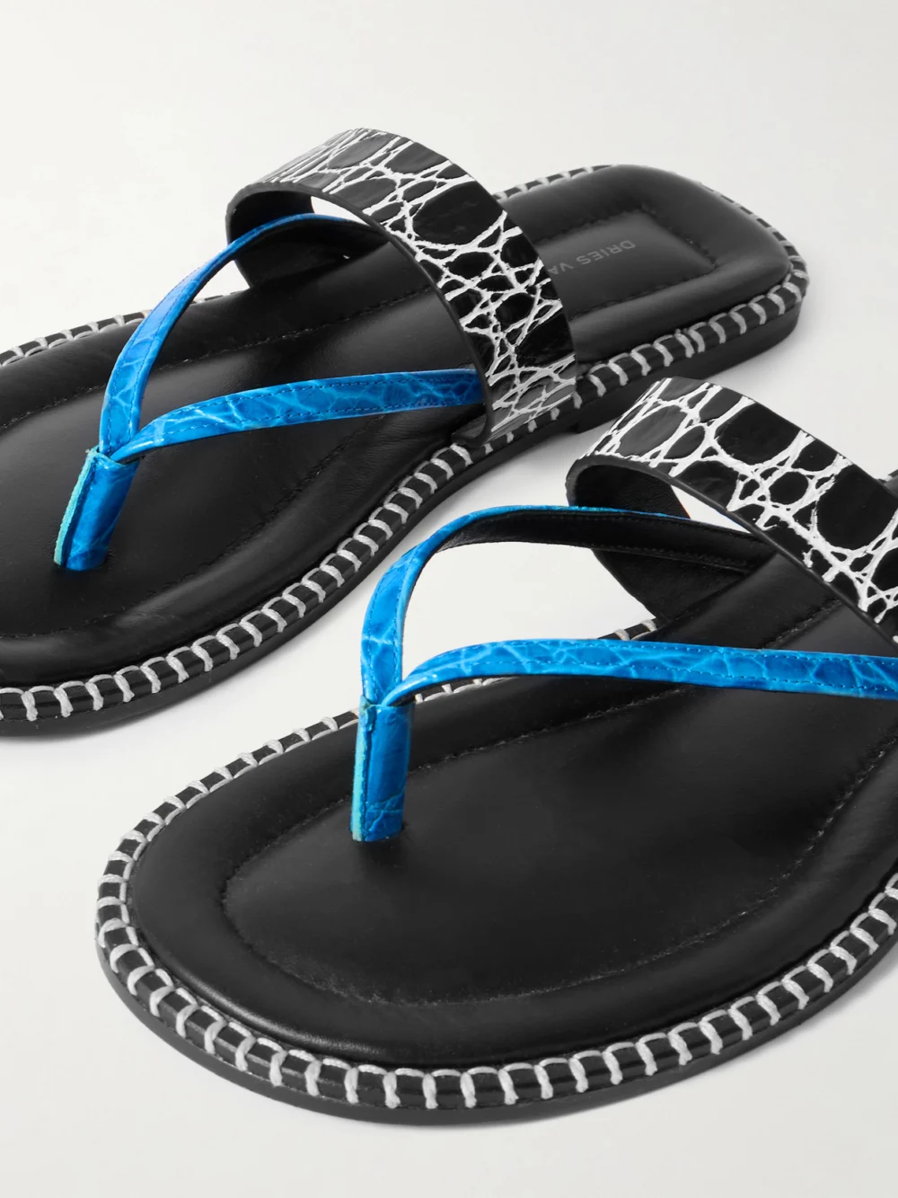 Close-up detail of the Dries Van Noten Whipstitched Croc-effect Leather Sandals
