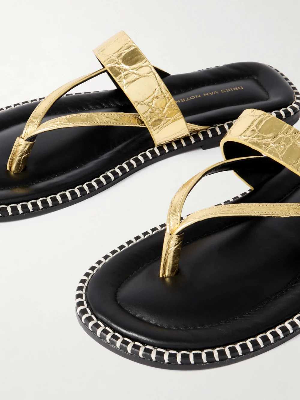 Close-up detail of the Dries Van Noten Whipstitched Metallic Croc-effect Leather Sandals