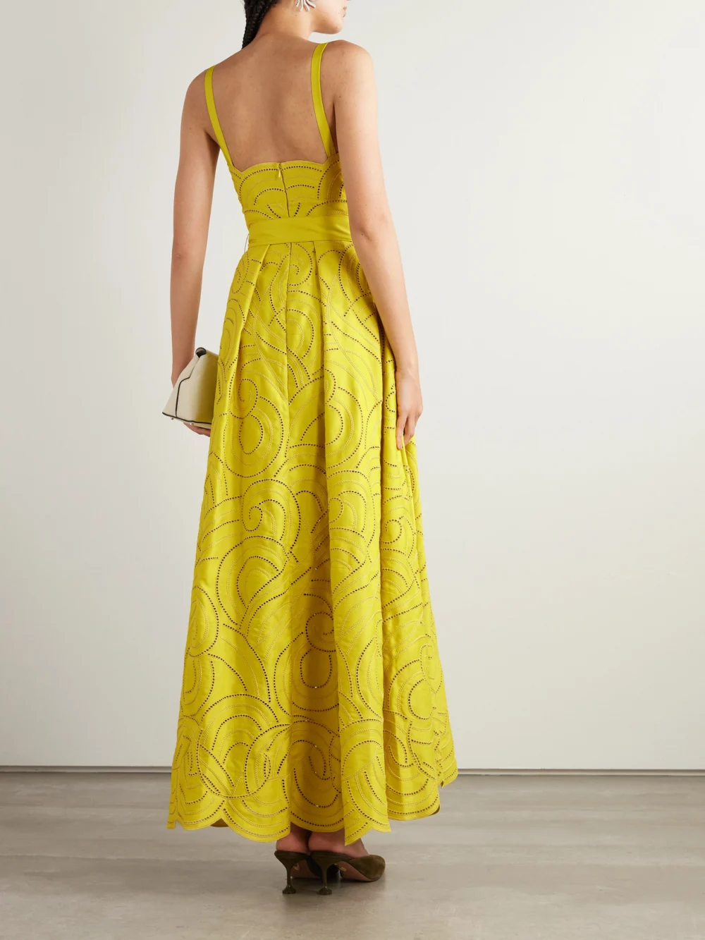 Back view of the Elie Saab Belted Pleated Embroidered Cotton-blend Twill Gown