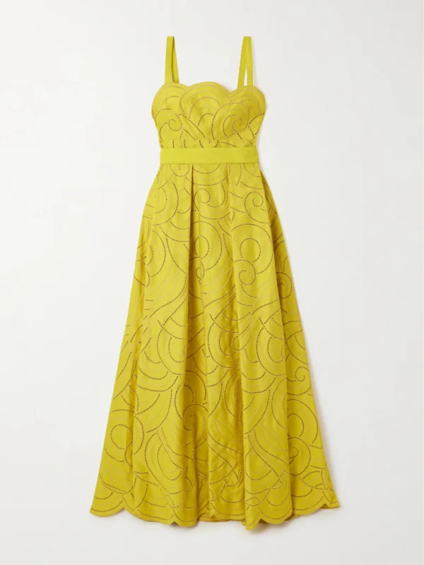 Elie Saab Belted Pleated Embroidered Cotton-blend Twill Gown