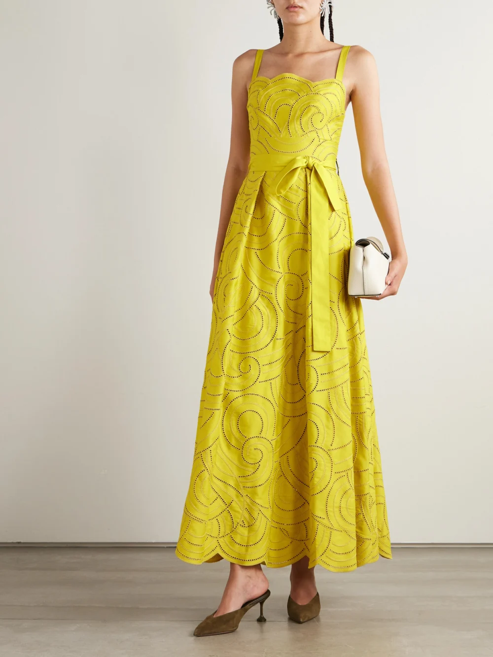 Elie Saab Belted Pleated Embroidered Cotton-blend Twill Gown, worn by a model