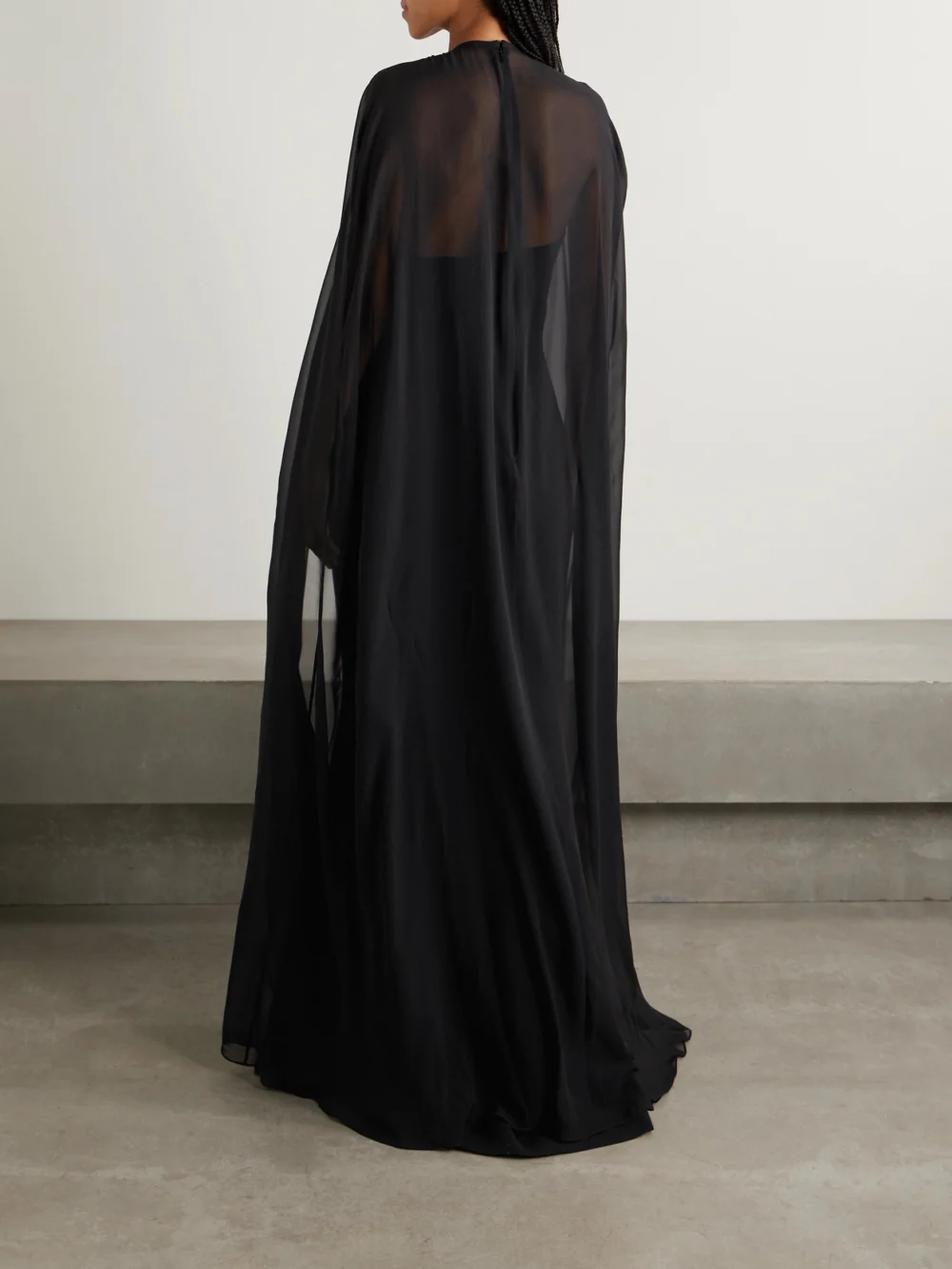 Back view of the Elie Saab Cape-effect Embellished Silk-crepe and Silk-chiffon Gown