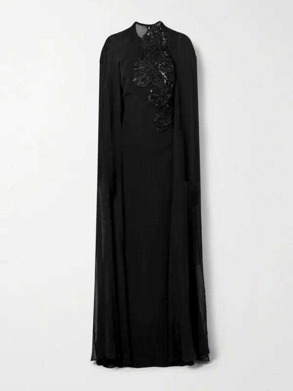 Elie Saab Cape-effect Embellished Silk-crepe and Silk-chiffon Gown