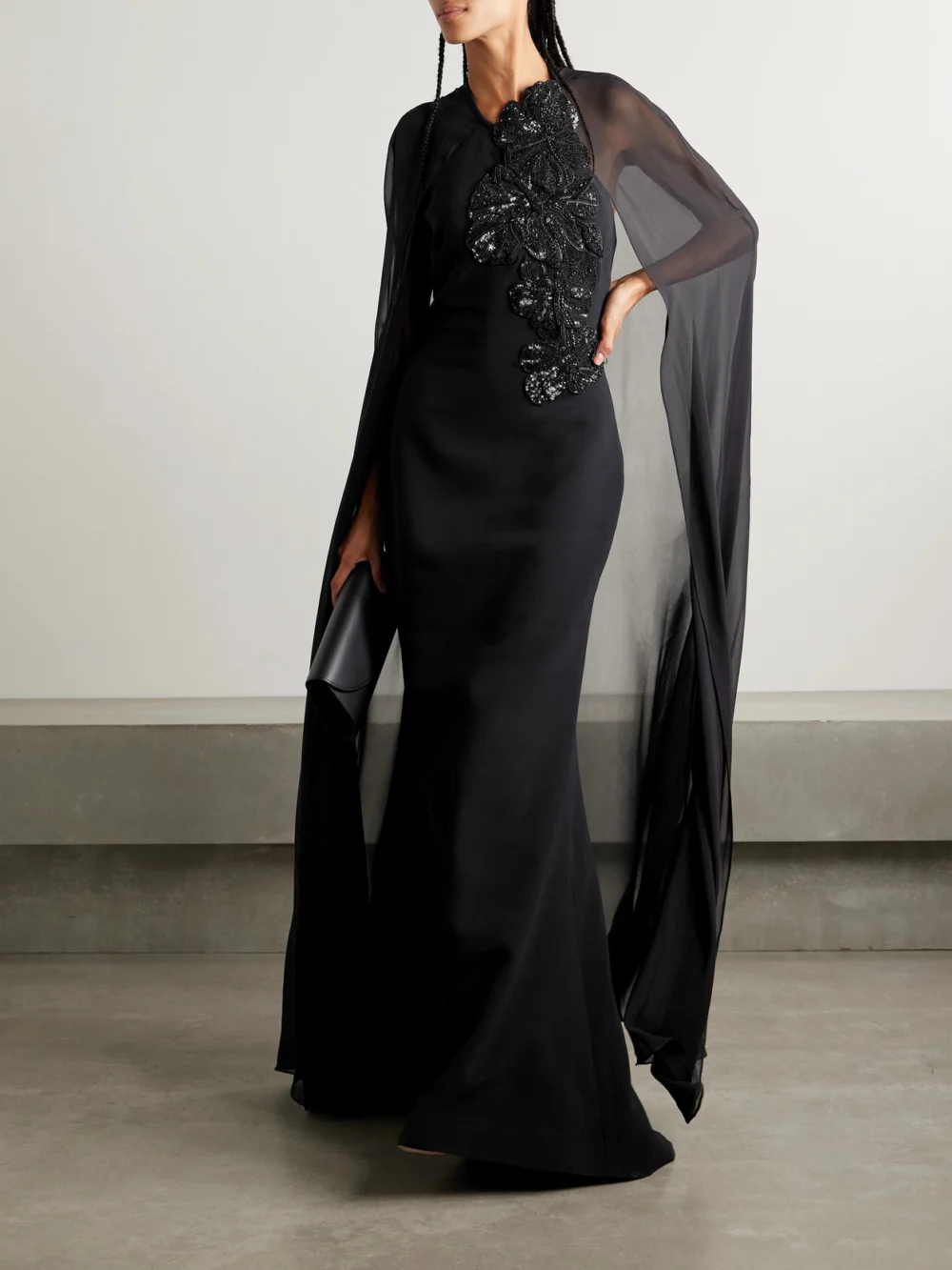 Elie Saab Cape-effect Embellished Silk-crepe and Silk-chiffon Gown, worn by a model