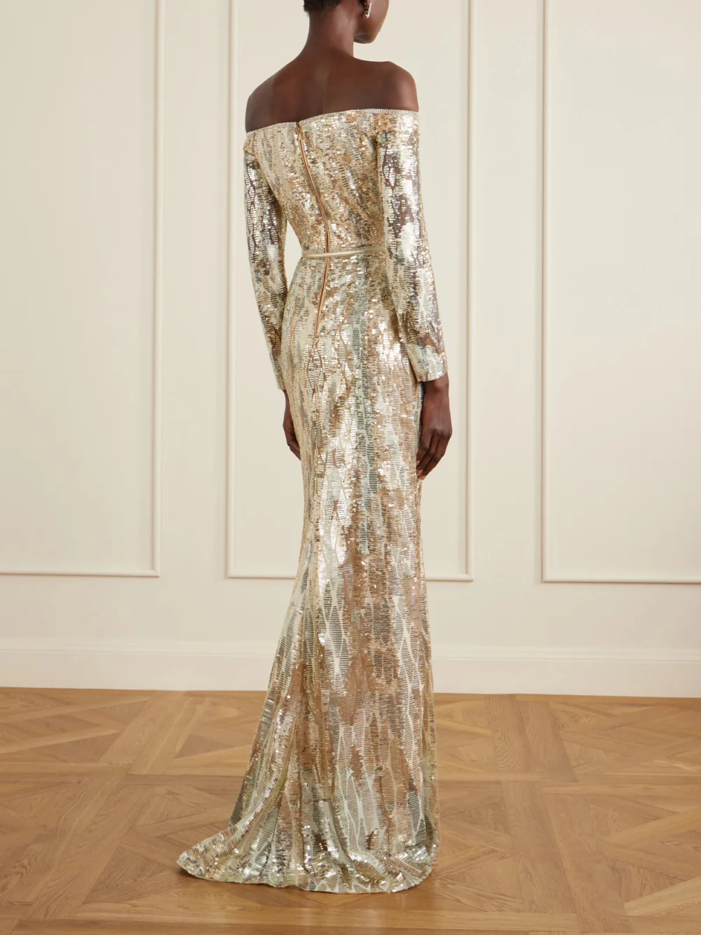 Back view of the Elie Saab Off-the-shoulder Sequined Silk-blend Gown