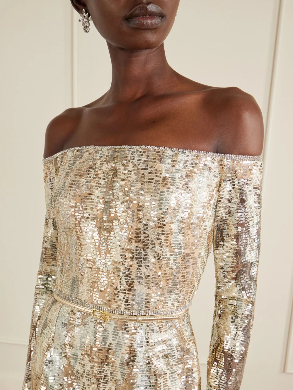 Close-up detail of the Elie Saab Off-the-shoulder Sequined Silk-blend Gown