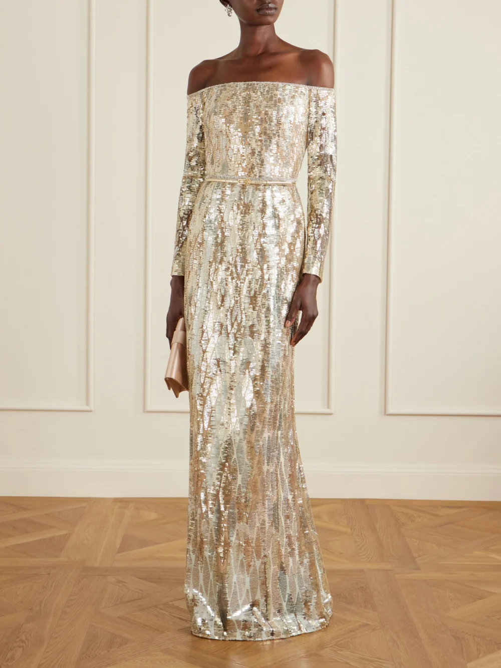 Elie Saab Off-the-shoulder Sequined Silk-blend Gown, worn by a model