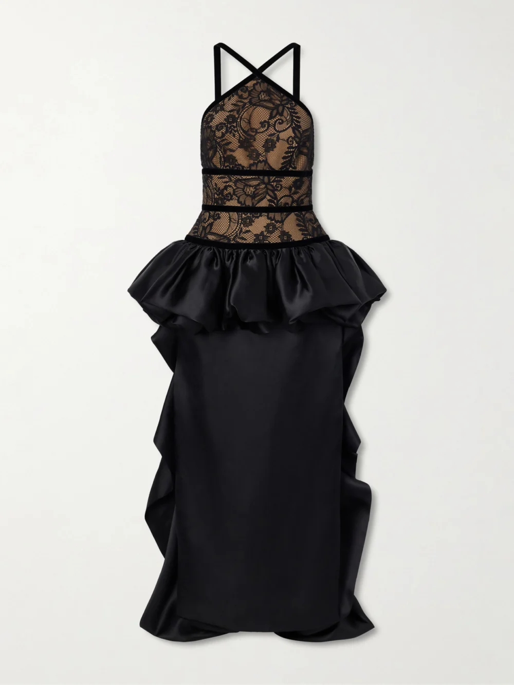 Elie Saab Peplum Trail-hem Lace-trimmed Silk-blend Gown in black