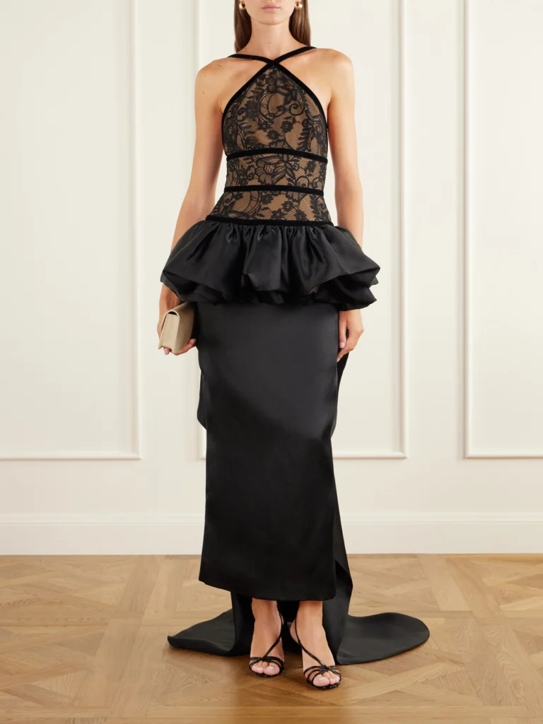 Elie Saab Peplum Trail-hem Lace-trimmed Silk-blend Gown