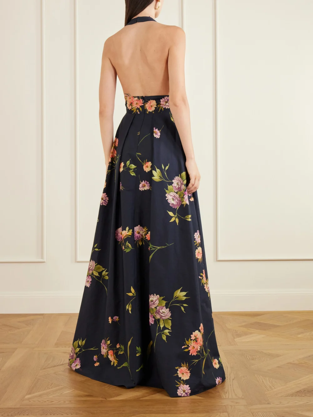 Back view of the Elie Saab Pleated Floral-print Cotton-poplin Halterneck Gown