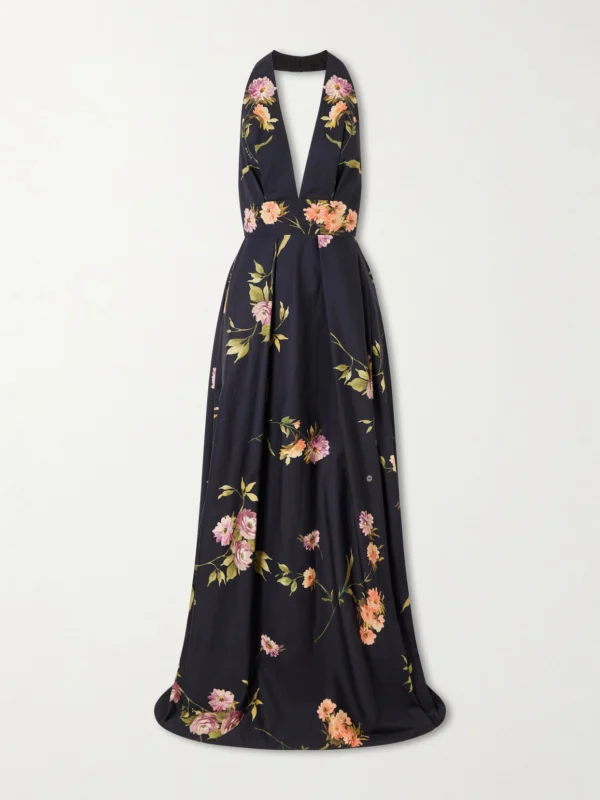 Elie Saab Pleated Floral-print Cotton-poplin Halterneck Gown