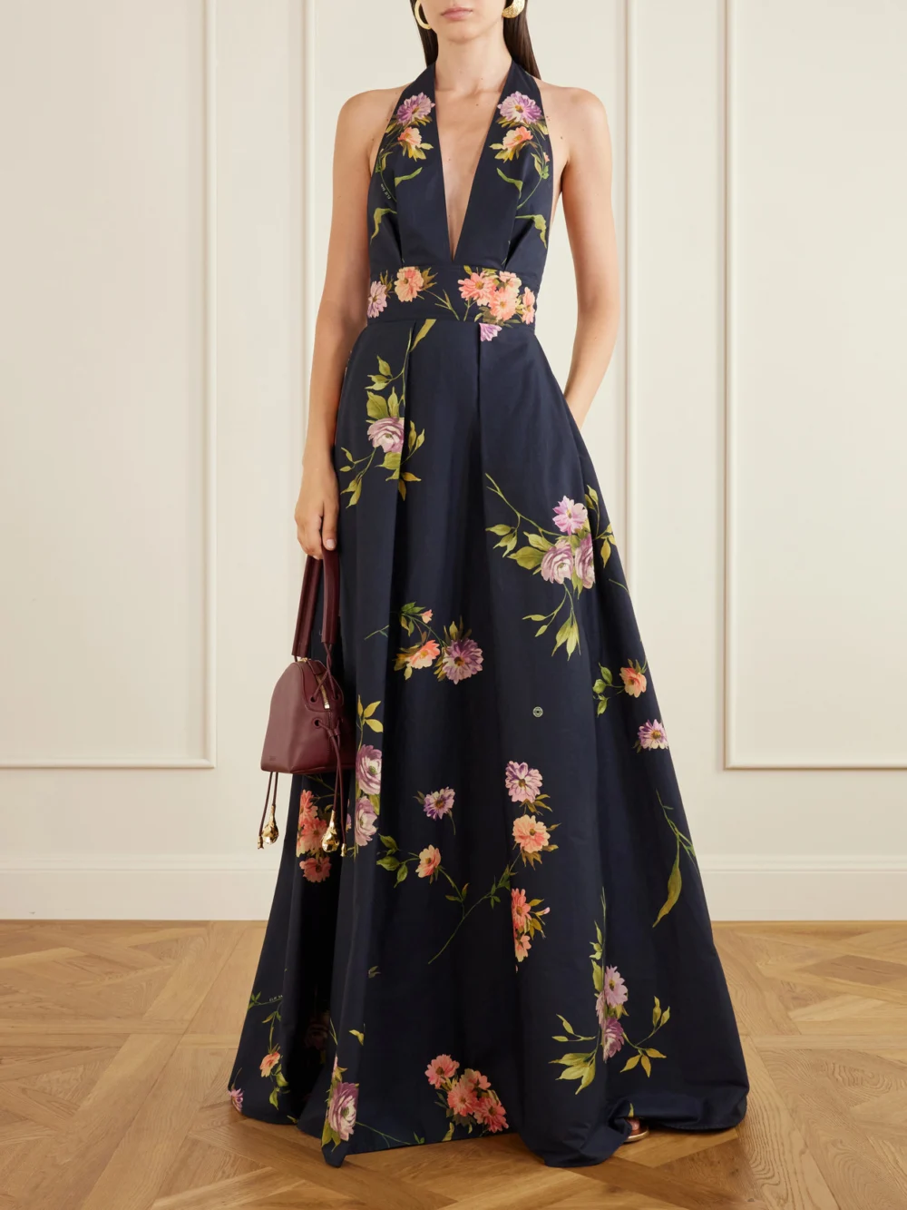 Elie Saab Pleated Floral-print Cotton-poplin Halterneck Gown, worn by a model