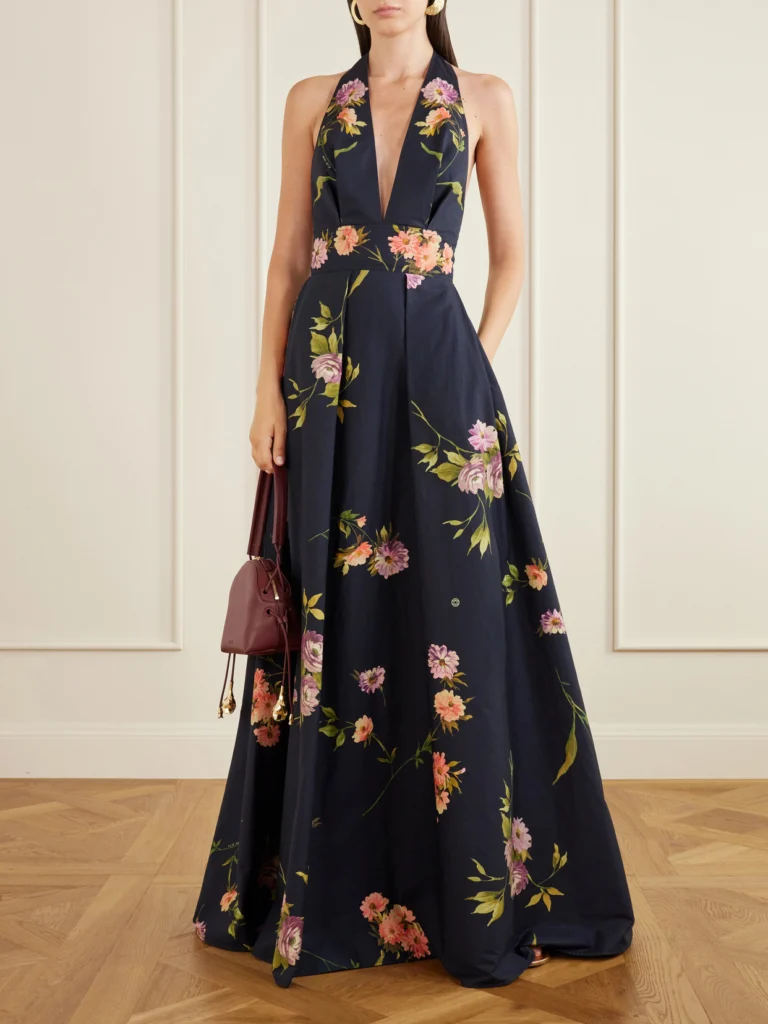 Elie Saab Pleated Floral-print Cotton-poplin Halterneck Gown