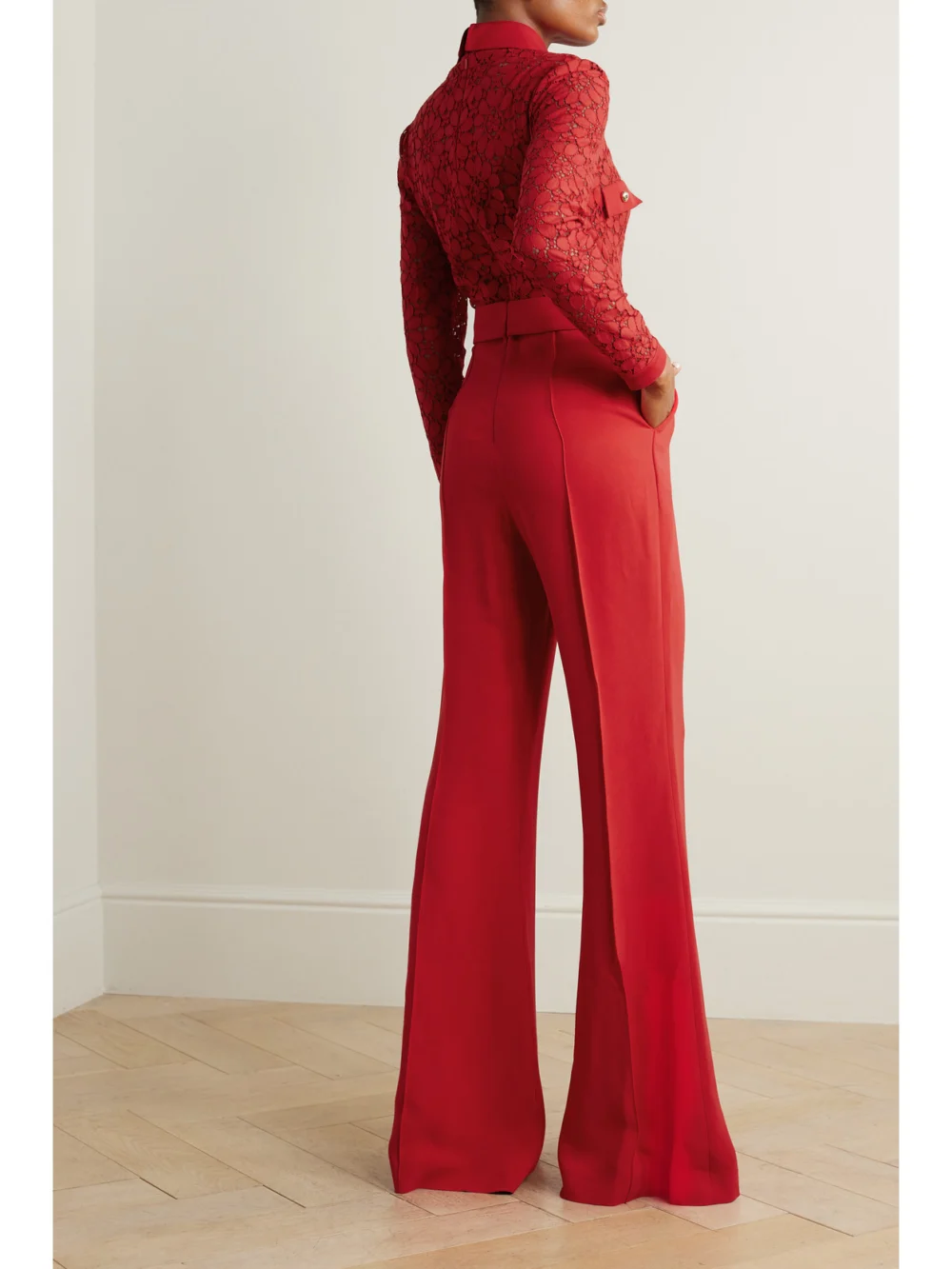 Back view of the Elie Saab Pussy-bow Corded Lace and Crepe Jumpsuit