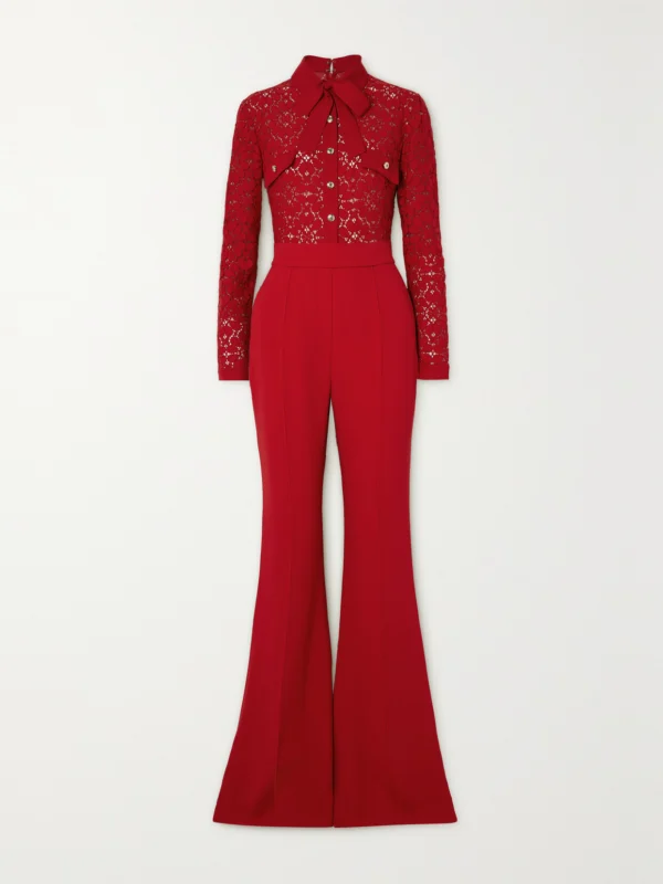 Elie Saab Pussy-bow Corded Lace and Crepe Jumpsuit