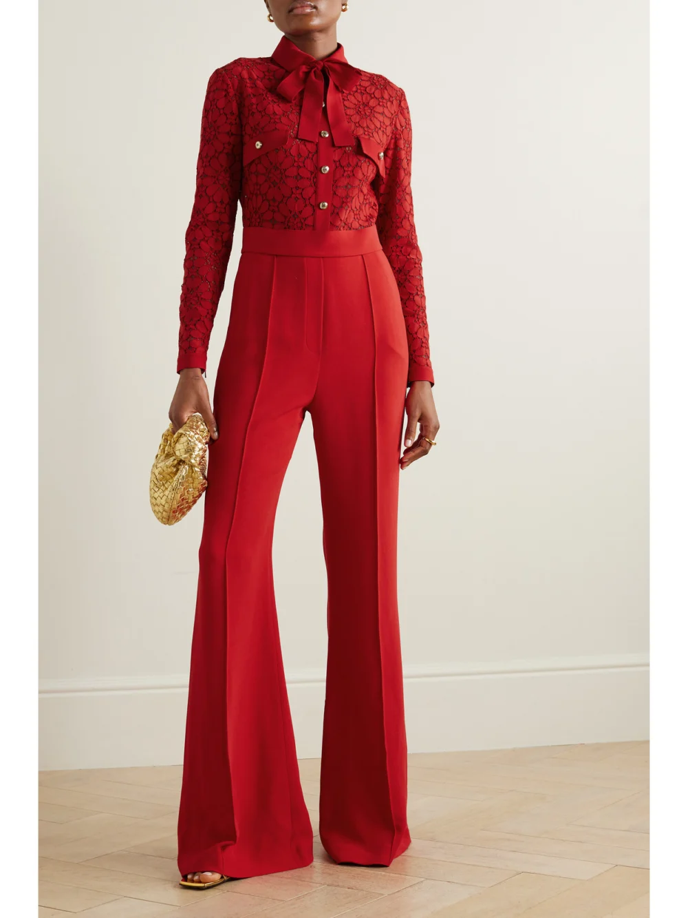 Elie Saab Pussy-bow Corded Lace and Crepe Jumpsuit, worn by a model