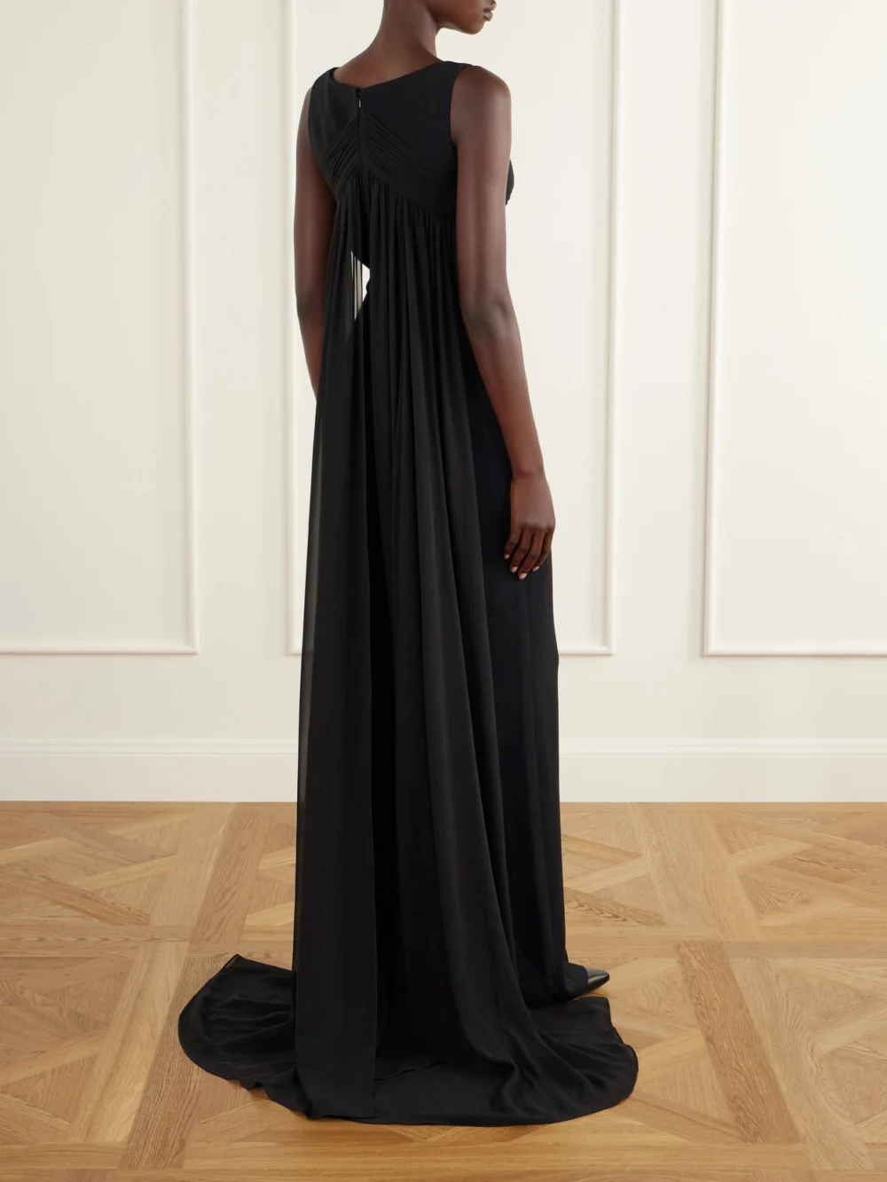 Back view of the Elie Saab Ruched Chiffon-trimmed Silk-blend Cady Jumpsuit