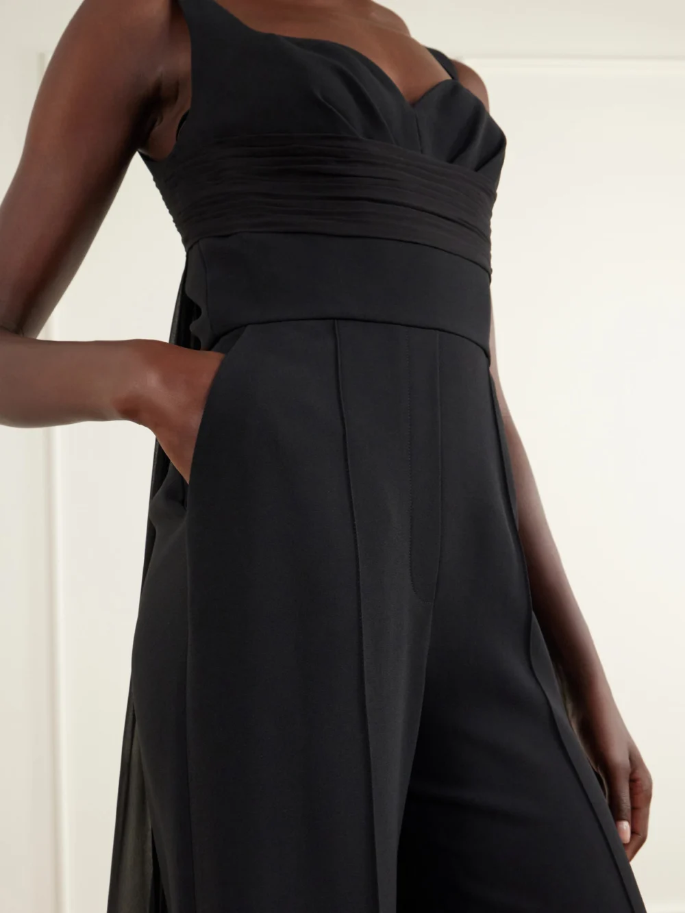 Close-up detail of the Elie Saab Ruched Chiffon-trimmed Silk-blend Cady Jumpsuit