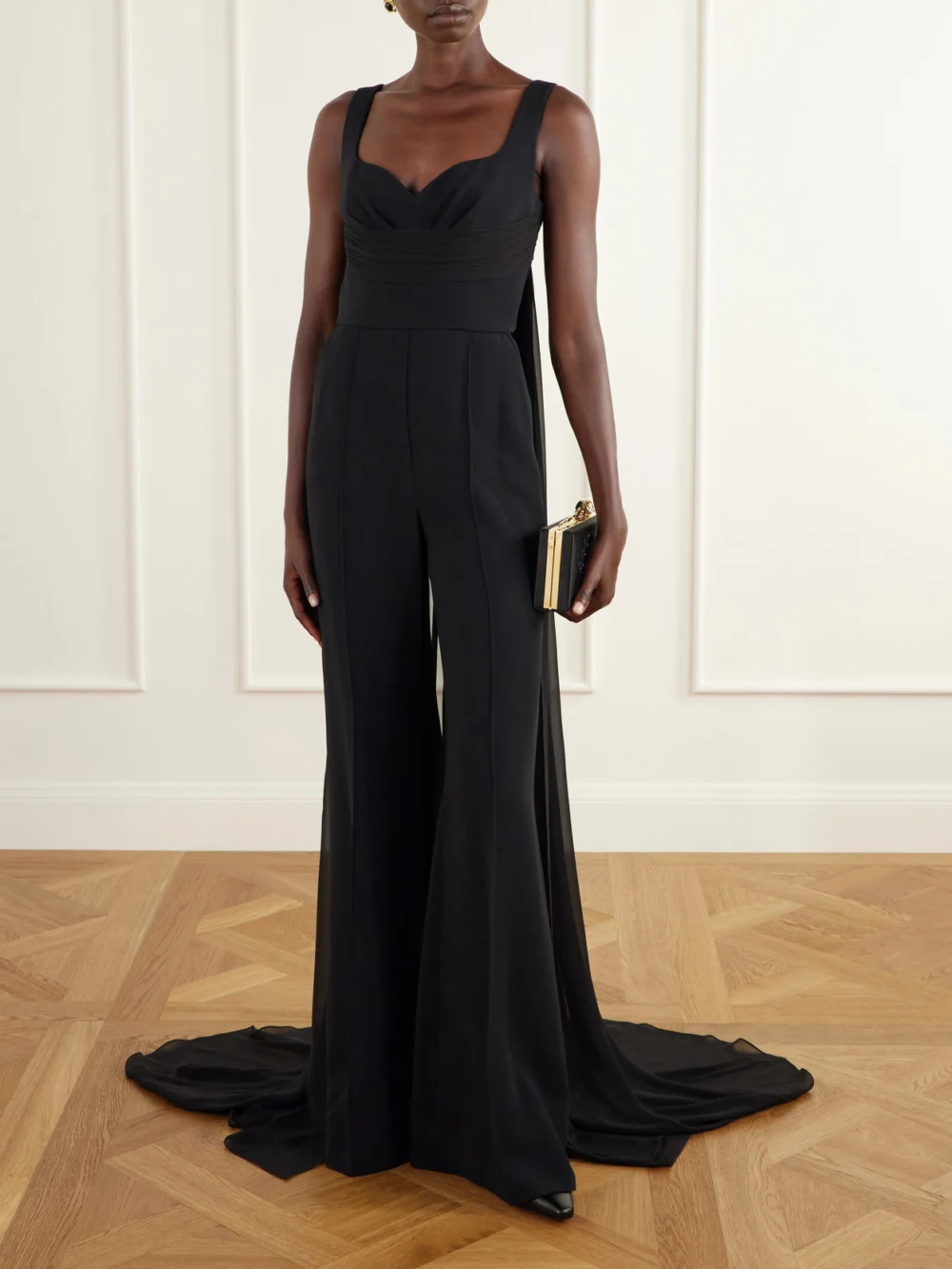 Elie Saab Ruched Chiffon-trimmed Silk-blend Cady Jumpsuit, worn by a model