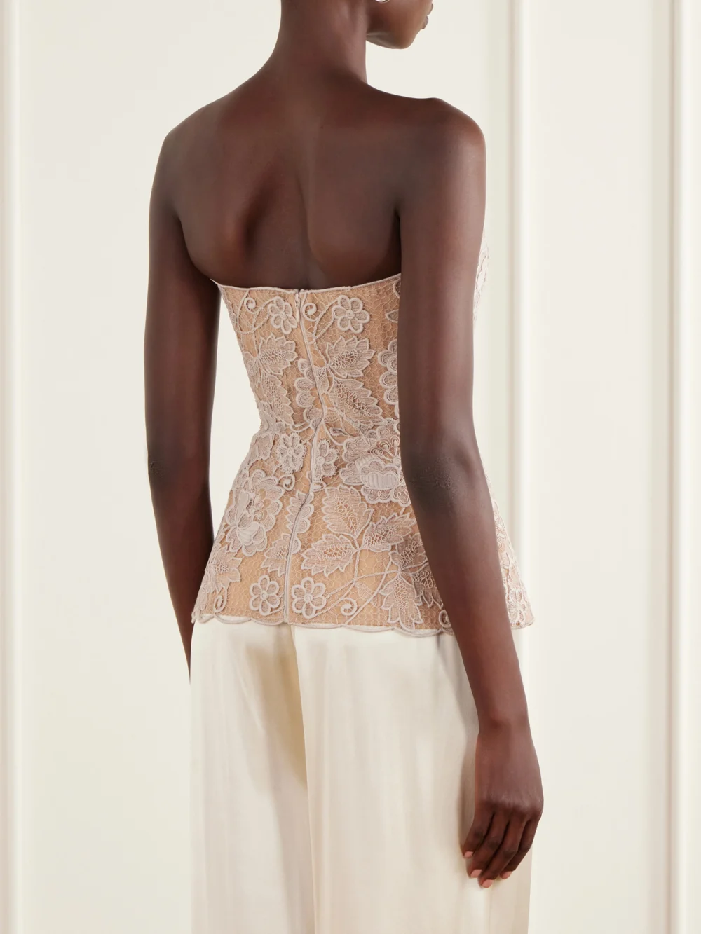 Back view of the Elie Saab Scalloped Peplum Guipure Lace Bustier Top