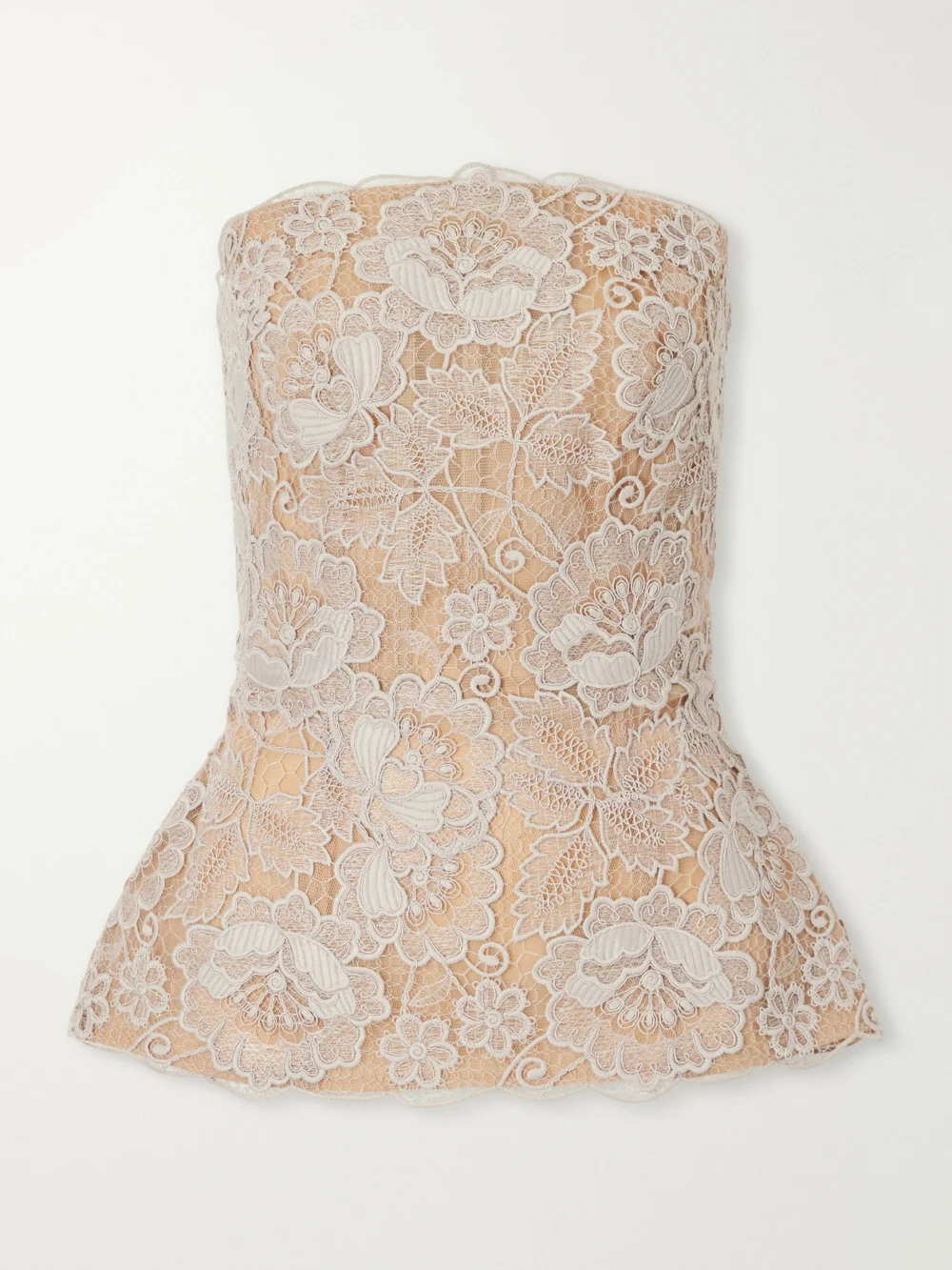 Elie Saab Scalloped Peplum Guipure Lace Bustier Top in beige