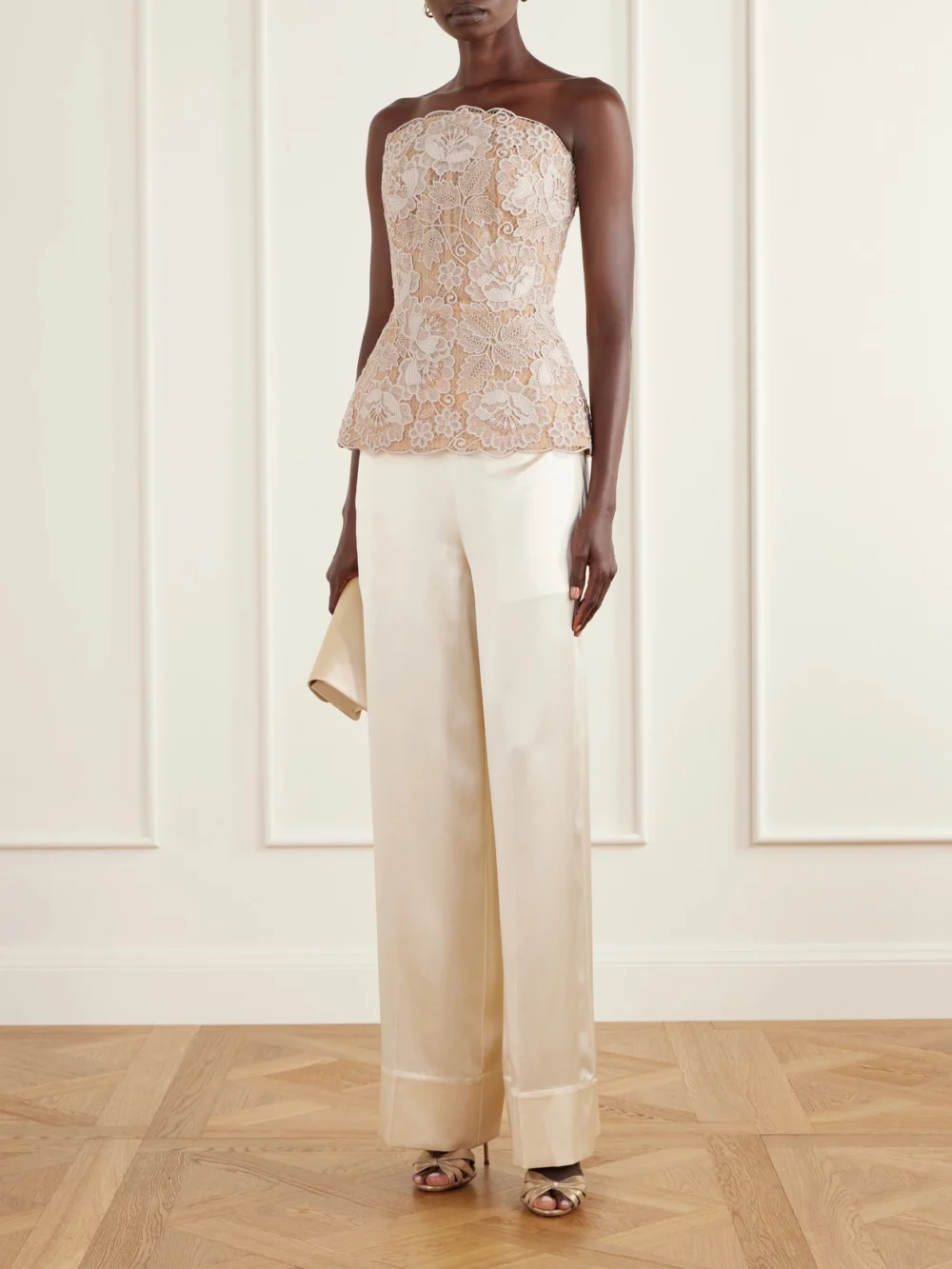 Elie Saab Scalloped Peplum Guipure Lace Bustier Top, worn by a model
